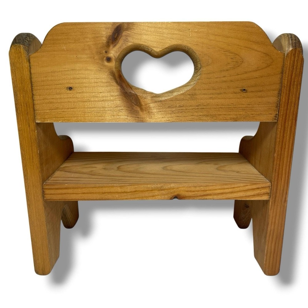 VTG Rustic Wooden Doll Bench Heart Cutout Country Folk Art Plant Stand Display - Picture 4 of 9